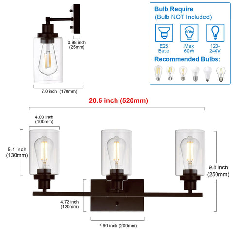 Three Light Vanity Light In Oil Rubbed Bronze, Industrial Wall Sconce With Clear Glass Shades dimensions and bulb requirements