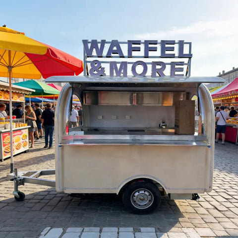 Kickstart Your Mobile Eatery Hustle With This Custom Food Vending Trailer And Commercial Catering Cart featuring a mobile waffle food trailer with a stainless steel counter.
