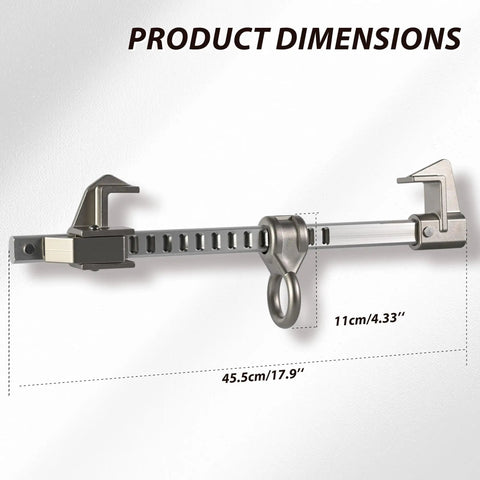 Smooth Aluminum Sliding Beam Anchor For I Beam featuring 360 rotating D ring, showing product dimensions 45.5cm by 11cm.