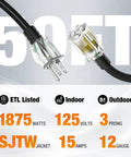 Outdoor Extension Cord 12 Gauge 3 Conductor 50 Foot Heavy Duty Waterproof Power Cable For Garden And Workshop 15A 125V 1875W ETL Certified NEMA 5 15 Plugs Durable Weatherproof Cable, black 3-prong plug