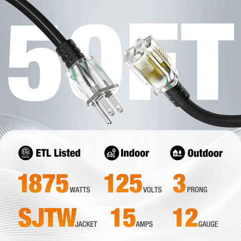 Outdoor Extension Cord 12 Gauge 3 Conductor 50 Foot Heavy Duty Waterproof Power Cable For Garden And Workshop 15A 125V 1875W ETL Certified NEMA 5 15 Plugs Durable Weatherproof Cable, black 3-prong plug