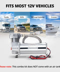 Heavy Duty 12V Air Horn Suspension Compressor Featuring Hella Fast Inflation For Truck Train Tire Air Ride System And Diy Pneumatic Tools Knockout Build Straight Up Strong, compact design with stainless housing, fits most 12V vehicles.