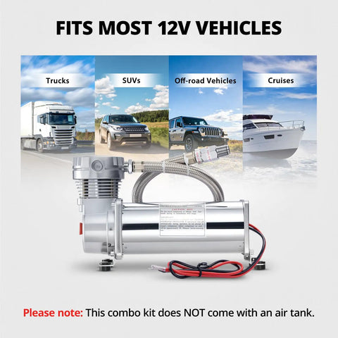 Heavy Duty 12V Air Horn Suspension Compressor Featuring Hella Fast Inflation For Truck Train Tire Air Ride System And Diy Pneumatic Tools Knockout Build Straight Up Strong, compact design with stainless housing, fits most 12V vehicles.