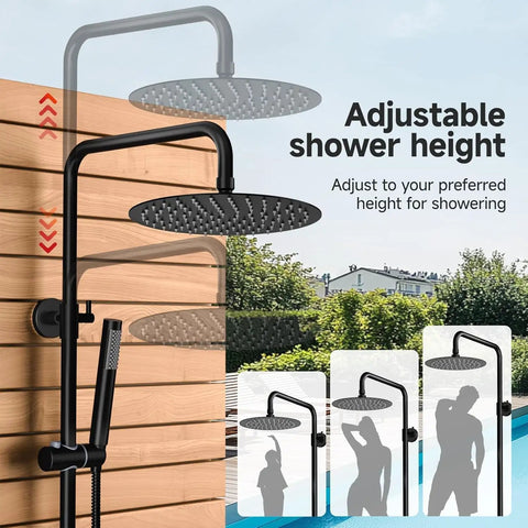 Heavy Duty Outdoor Shower Kit With Single Handle Solid Brass Valve 8 Inch Rain Head Sleek Matte Black Finish Hella Durable Setup No Sweat Wall Mount Install For Backyard Relaxation
