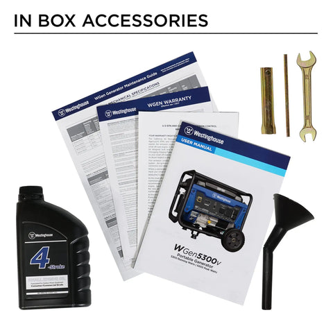Accessories for 6600 Peak Watt Portable Generator With Transfer Switch Ready including manual, oil, wrenches, and funnel