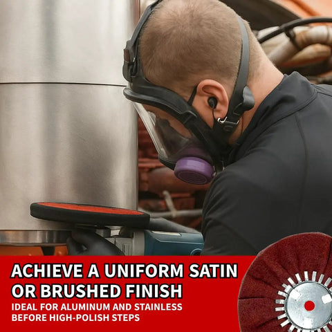 Worker using High Speed Satin Metal Finishing Disc For Angle Grinders Up To 3000 RPM Gives A Slick Very Fine Maroon Satin Finish Like 320 400 Grit On Aluminum And Stainless Steel Nine By Three By Five Eighths Inch With Standard Arbor on metal surface.