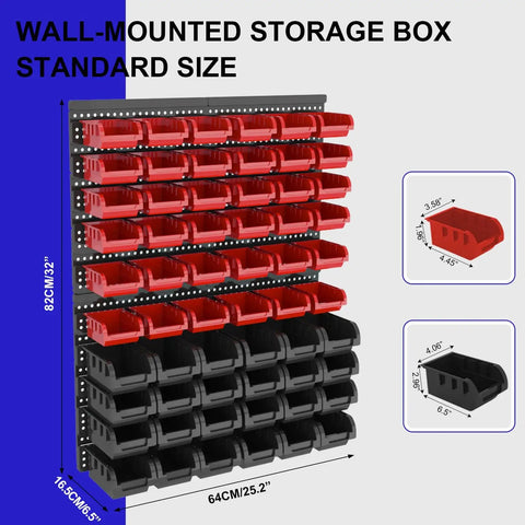 Wall Mounted Bolt And Screw Organizer Bins Set, Plastic Storage Bins For Garage, Red And Black 60 Piece Large Kit shown
