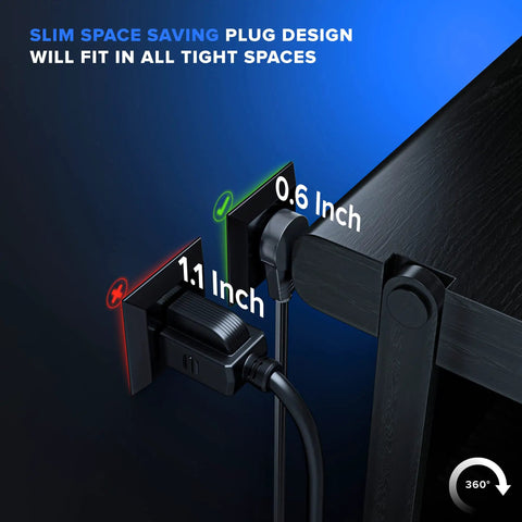 360 Degree Rotating Flat Plug Extension Cord With 3 Outlets For Home Office And Travel, 2 Ft, black plug behind desk