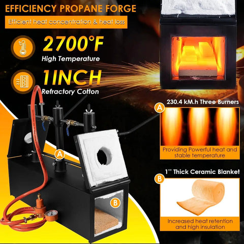 Triple Burner Propane Forge for Blacksmithing and Knife Making, 2700℉ Heavy-Duty Square Forge With Large Capacity featuring three burners and insulation.
