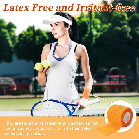 Woman in sports attire using 24 Pack Self Adhesive Bandage Wrap 2 Inch Wide 5 Yard Long Cohesive Tape on wrist during tennis game