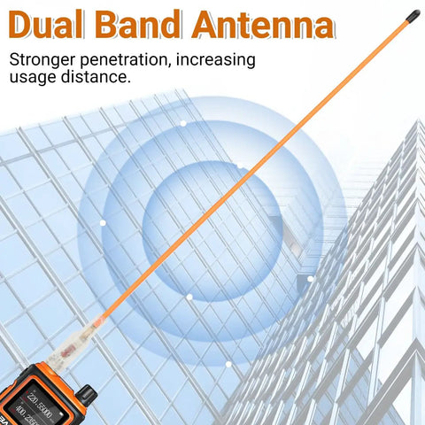 Long orange Dual Band Walkie Talkie Antenna For 144 And 430 MHz With SMA Female Connector visualized against a building background