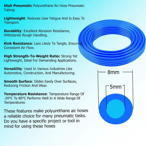 Coiled tough 8mm polyurethane air tubing 10m length for pneumatic systems, 150 PSI, fits 8mm and 5/16 inch tubing, blue color.