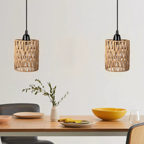 Totally Cordless Boho Rattan Battery Chandelier With A Super Chill Warm White Glow, Handwoven Hanging Pendant Light For Decks Patios Gazebos Or Cozy Indoors, Works Great On 4Aa Batteries Set Of Two over a dining table.