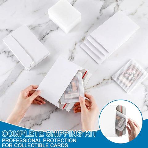 Bulk Card Shipping Kit For Trading Cards And Sports Cards, 425 Pcs Bundle with card shields and envelopes on marble surface