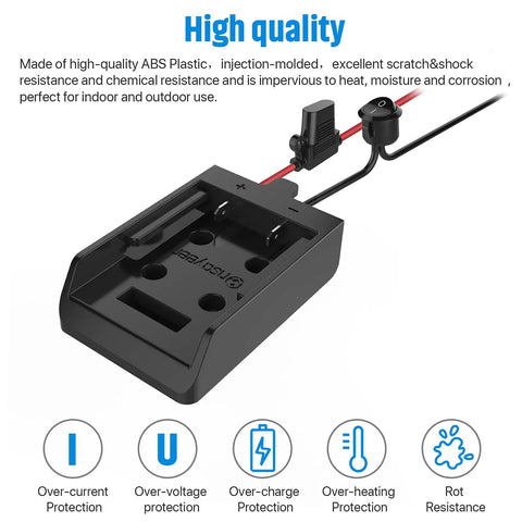 Secure Battery Adapter With Fuse And Switch For 20V Lithium Batteries, 12 Gauge Wire, visible ABS plastic design