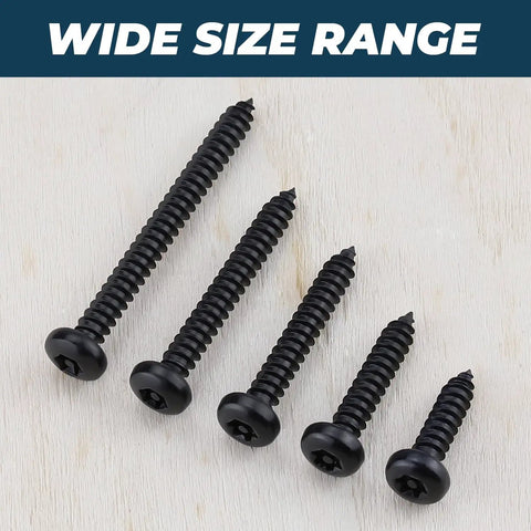 Pro Shop Grade Heavy Duty Black Pan Head Self Tapping Screws Size Ten By Three Quarter Inch Security Torx Drive 304 Stainless Steel.