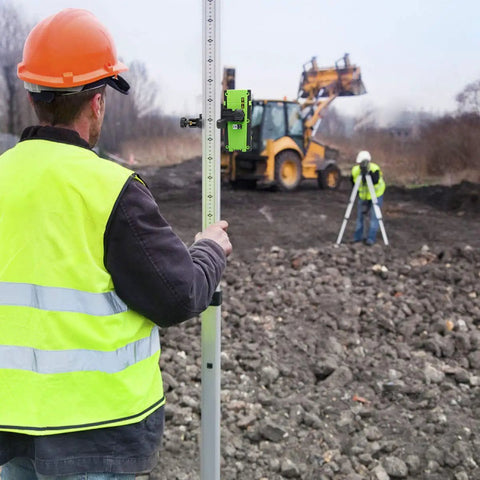 Worker using Laser Receiver For Green And Red Beams With Pulse Mode Only, 200 Ft Range, Three Sided LED Display on job site