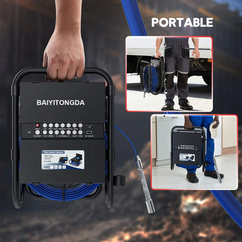 Built Tough 50M Pipe Inspection Camera With A Bright 7 Inch Ip Monitor and Built In Dvr Recorder, portable setup for plumbing.
