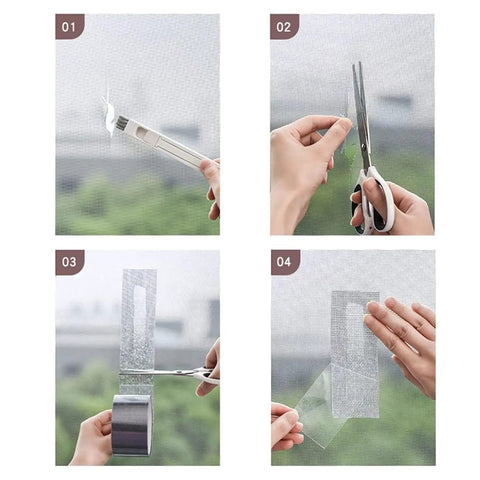 Heavy Duty Screen Repair Tape For Windows And Doors Self Adhesive Fiberglass Mesh Patch Waterproof Window Screen Patch Kit Tear Resistant And Abrasion Proof For No Fuss Quick Fix, showing installation steps on a screen