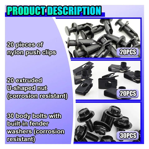 Image showing 70 Piece Car Body Fastener Kit With Engine Splash Shield Bolts U Nuts And Push Clips For Front Bumper Liner Under Cover Panels.