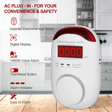 Plug In Carbon Monoxide Detector With Digital LED Display Real Time CO Monitor Alarm With Sound And Light Alerts For Home Apartment Or Hotel Accurate Electrochemical Sensor Easy Install White in kitchen setting