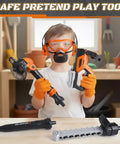 Child holding 3-in-1 Kids Yard Tools Set With Realistic Lights And Sounds, Kid-Friendly Weed Wacker Toy, Leaf Blower Toy, and Chainsaw Toy.