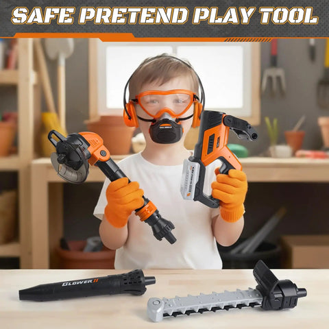 Child holding 3-in-1 Kids Yard Tools Set With Realistic Lights And Sounds, Kid-Friendly Weed Wacker Toy, Leaf Blower Toy, and Chainsaw Toy.