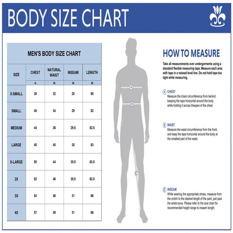 Body size chart for men's coverall sizes including measurements for chest, waist, inseam, and length.