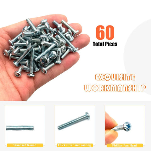 60 Piece Set Of Machine Screws Size Eight Thirty Two Thread Assortment Kit With Phillips Pan Head In Four Lengths Five Sixteenth Inch One Half Inch Three Quarter Inch And One Inch Carbon Steel Zinc Plated For Cabinets Electronics And DIY Projects in hand