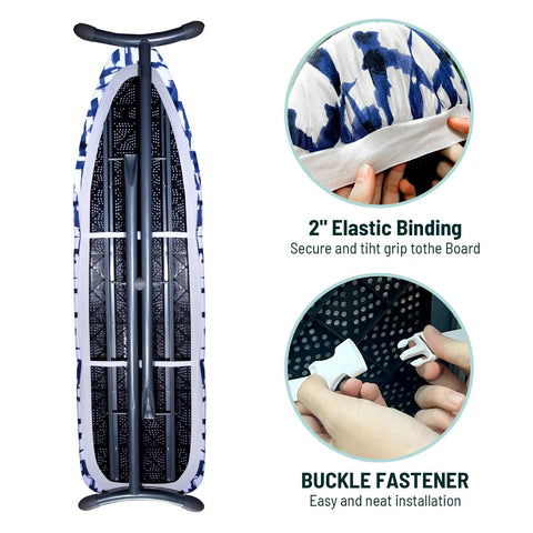 Heavy Duty Ironing Board Cover With Four Layer Thick Padding Two Inch Elastic Stain And Scorch Resistant Finish Durable Construction Two Buckle Click To Close For Smooth Ironing Standard Size White Dot Pattern Eco Friendly showing elastic binding and buckle fastener