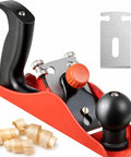 Adjustable Wooden Hand Planer Features An Extra Thick Steel Blade Barbell Depth Lock with wooden shavings visible.