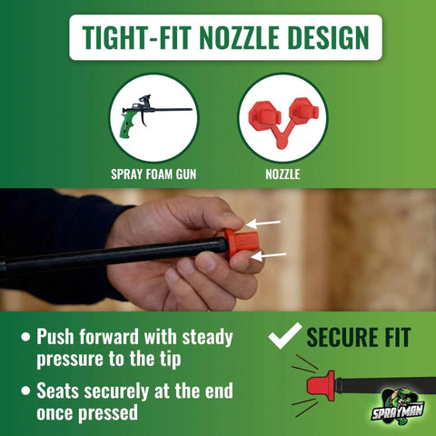 Close-up of No Brainer Fire Rated Closed Cell Spray Foam Insulation Kit’s nozzle design with spray gun and secure fit