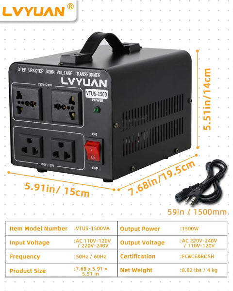 1500W Voltage Transformer Step Up Down Converter 110V-120V To 220V-240V With outlets and power cord