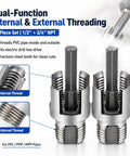 Dual Function 2 Pc Pvc Pipe Threading Kit With Electric Drill Adapter, showing internal and external threading for 1/2 and 3/4 inch pipes.