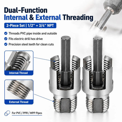 Dual Function 2 Pc Pvc Pipe Threading Kit With Electric Drill Adapter, showing internal and external threading for 1/2 and 3/4 inch pipes.