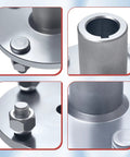 Close-up images of Heavy Duty Four Lug Go Kart Live Axle Hub with one inch to three quarter shafts and quarter keyway.