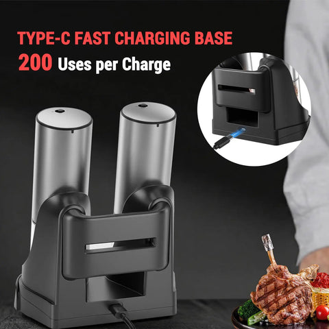 Salt And Pepper Grinder Set With External Coarseness Adjustment, 95ml Large Capacity Auto Pepper Mill With USB C Charging Base And LED Light