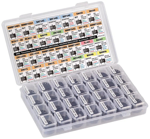 Open kit showing 1400-piece SOT-23 Component Kit with 28 types including BJT PNP NPN MOSFET Schottky and switching diodes.