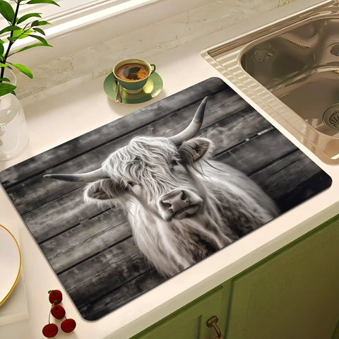 Absorbent Coffee Machine Mat for Kitchen Countertop 11.8 by 17.7 Inches Non Slip Drain Mat with cow design on white counter