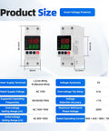 Smart Voltage Protector For 110V Homes Adjustable 1 To 63A Circuit Breaker dimensions with voltage parameters and display details.