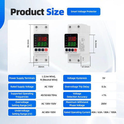 Smart Voltage Protector For 110V Homes Adjustable 1 To 63A Circuit Breaker dimensions with voltage parameters and display details.