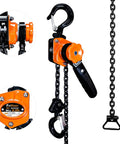 Chain Hoist Come Along One Quarter Ton With Ten Foot Lift 550 Lbs Capacity G80 manganese chain and hooks, close-up view.