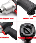 Image of Heavy Duty Pneumatic Impact Wrench With Straight Up Killer Torque For Effortless Tire Removal and details of switches and air inlet.