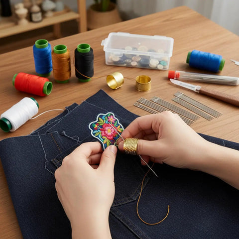 Hands using Big Eye Sewing Needles Kit 36 Pcs Stainless Steel with Storage Box to sew flower patch on fabric.