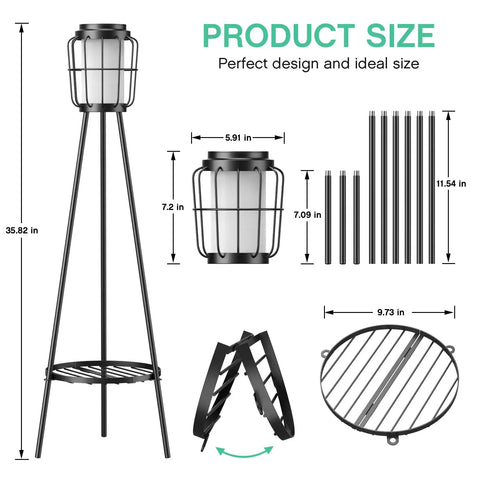 Dimensions and parts of 2 Pack Solar Floor Lamps With Plant Stands For Outdoors, Waterproof Solar Powered Garden Lights