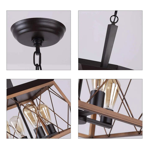 Farmhouse Rustic Square Chandelier Bronze And Black 4 Light Vintage Vibe Ceiling Light Fixture For Kitchen Dining Room Bar Entryway Foyer Living Room UL Listed showing close-up details of chain, support, and bulbs.