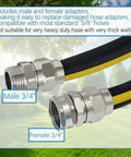 Solid Brass Five Eighths Inch Garden Hose Repair Kit With Heavy Duty Male And Female Ends Leak Proof Hose Mender And Connector Fittings Easy Cut And Reconnect Solution For Standard Five Eighths Inch Hoses displayed with male and female adapters connected to black and yellow hose on a green garden background