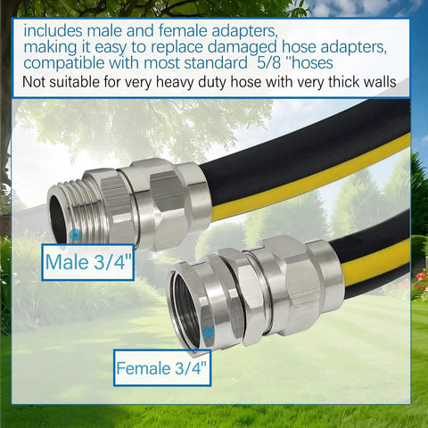 Solid Brass Five Eighths Inch Garden Hose Repair Kit With Heavy Duty Male And Female Ends Leak Proof Hose Mender And Connector Fittings Easy Cut And Reconnect Solution For Standard Five Eighths Inch Hoses displayed with male and female adapters connected to black and yellow hose on a green garden background
