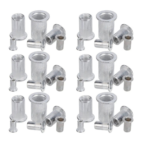 Assorted sizes of Aluminum Rivet Nuts Set With Flat Head And Anti Rust Finish, Threaded Rivnut Inserts Kit displayed on white background
