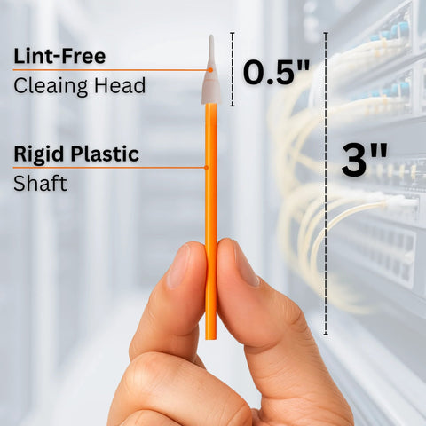 Sysotek fiber optic cleaning swab, LC 1.25mm, lint-free head on an orange rigid plastic shaft, close-up view